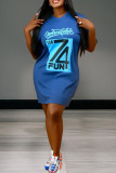 Blue Fashion Casual Print Basic O Neck Short Sleeve Dress