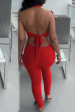 Red Casual Solid Bandage Patchwork Halter Sleeveless Two Pieces
