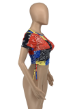 Red Casual Print Patchwork O Neck T-Shirts