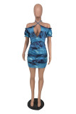 Blue Fashion Sexy Print Backless Off the Shoulder Printed Dress