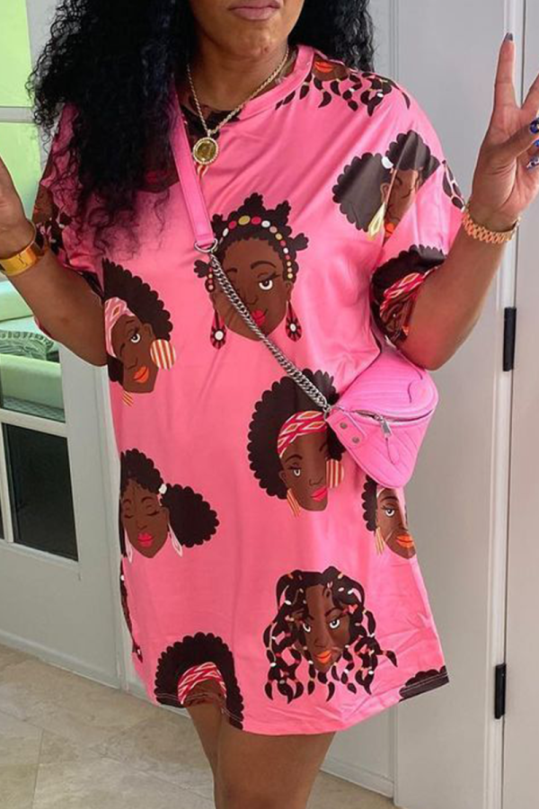 Pink Street Print Patchwork O Neck Straight Dresses