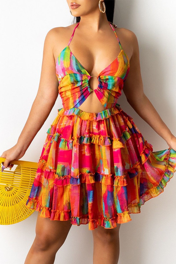 Orange Red Sweet Print Bandage Hollowed Out Patchwork Halter Ball Gown Dresses