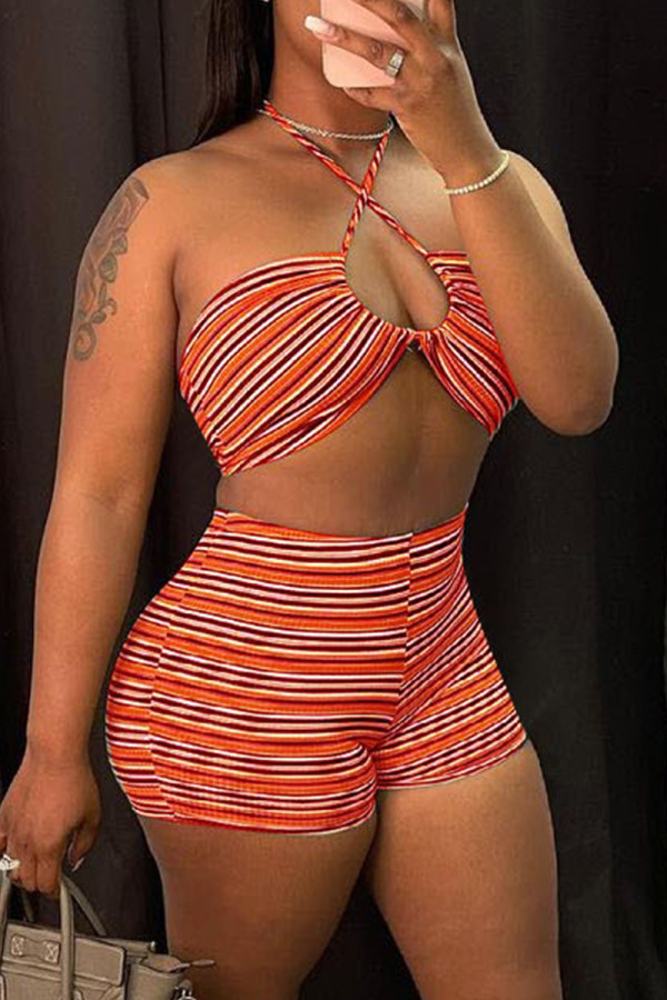 Pale Red Fashion Sexy Striped Print Hollowed Out Backless Halter Sleeveless Two Pieces