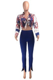 Rose Red Fashion Casual Print Bandage Slit Turndown Collar Long Sleeve Two Pieces