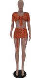 Pink Sexy Print Patchwork V Neck Short Sleeve Two Pieces