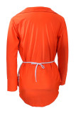 Tangerine Sexy Solid Split Joint V Neck Shirt Dress Dresses