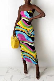Multicolor Fashion Sexy Print Backless Spaghetti Strap Sleeveless Dress