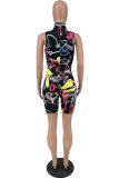 Black Casual Sportswear Print Basic Zipper Collar Skinny Romper