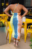 Yellow And Blue Sexy Print Patchwork Spaghetti Strap Pencil Skirt Dresses