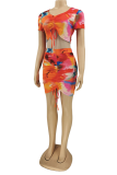Tangerine Red Sexy Print Patchwork V Neck Short Sleeve Two Pieces