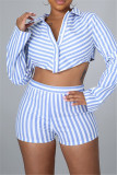 Green Fashion Casual Striped Print Patchwork Turndown Collar Long Sleeve Two Pieces