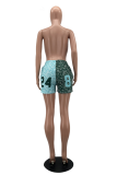Blue Casual Print Patchwork Straight Mid Waist Straight Full Print Bottoms