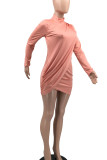 Pink Sexy Solid Patchwork Fold Asymmetrical Half A Turtleneck Irregular Dress Dresses