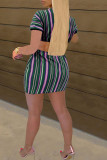 Blue Casual Striped Print Patchwork O Neck Short Sleeve Two Pieces