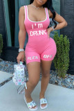 Pink Casual Sportswear Letter Print Backless U Neck Skinny Romper