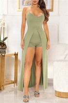 Light Green Fashion Sexy Solid Backless Slit Spaghetti Strap Sleeveless Two Pieces