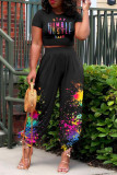 Black Fashion Casual Print Basic O Neck Short Sleeve Two Pieces