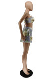 Yellow Sexy Print Patchwork Spaghetti Strap Sleeveless Two Pieces