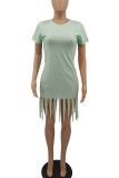 Light Green Casual Solid Tassel Patchwork O Neck Pencil Skirt Dresses