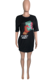 Black Casual Print Patchwork O Neck Straight Dresses