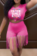 Rose Red Sexy Print Tassel O Neck Half Sleeve Two Pieces