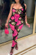 Rose Red Sexy Print Patchwork See-through Spaghetti Strap Sleeveless Two Pieces
