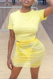 Yellow Fashion Sexy Solid See-through O Neck Short Sleeve Three-piece Set