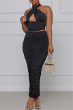 Black Sexy Solid Hollowed Out Backless Fold Halter Sleeveless Two Pieces