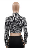 Black And White Fashion Casual Print Basic Turndown Collar Tops