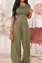 Green Casual Solid Split Joint O Neck Short Sleeve Two Pieces