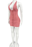 Pink Sexy Solid Patchwork Frenulum Backless V Neck Pencil Skirt Dresses