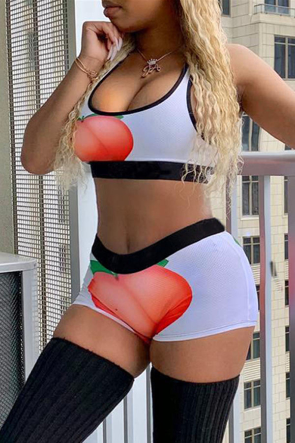 White Casual Sportswear Print Basic U Neck Sleeveless Two Pieces