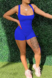 Blue Fashion Sexy Solid Backless Strap Design Square Collar Skinny Romper