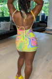 Colour Sexy Print Hollowed Out Backless Strap Design Spaghetti Strap Sleeveless Two Pieces