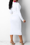 White Sexy Solid Patchwork Fold V Neck Pencil Skirt Dresses