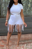 White Casual Solid Tassel O Neck Short Sleeve Two Pieces