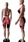 Red Sexy Print Hollowed Out Patchwork Frenulum Halter Sleeveless Two Pieces Swimwear