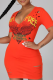 Orange Sexy Print Ripped U Neck Pencil Skirt Dresses
