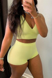 Yellow Sexy Casual Solid Vests V Neck Sleeveless Two Pieces