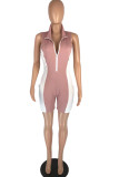 Pink Sexy Casual Patchwork Basic Zipper Collar Skinny Romper