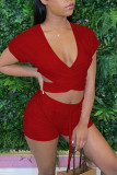 Red Casual Solid Ripped Hollowed Out Patchwork V Neck Short Sleeve Two Pieces