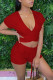Red Casual Solid Ripped Hollowed Out Patchwork V Neck Short Sleeve Two Pieces