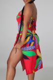 Red Fashion Sexy Print Bandage Backless Swimwears