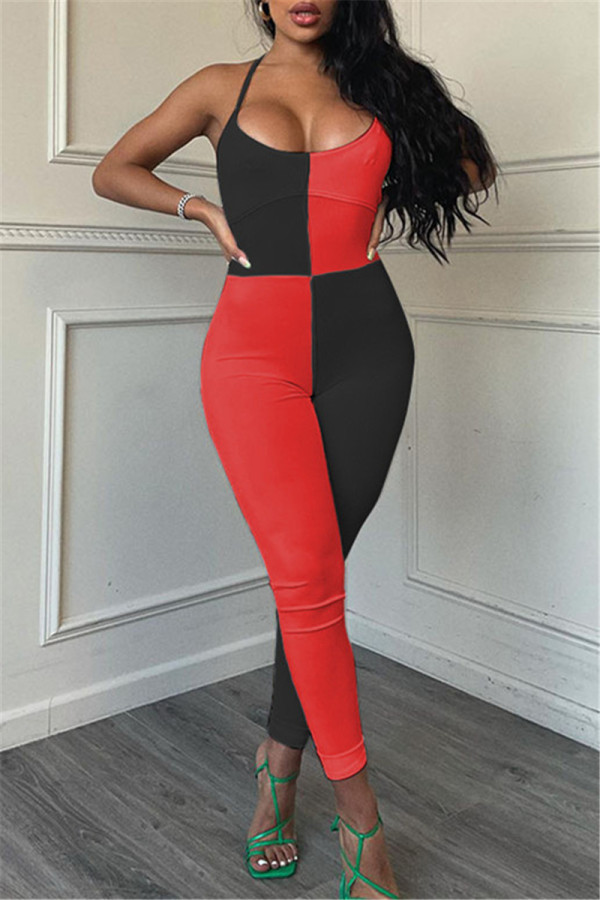 Red Sexy Casual Patchwork Backless Halter Skinny Jumpsuits