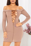 Coffee Casual Solid Hollowed Out Off the Shoulder Pencil Skirt Dresses