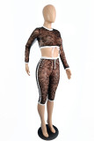 Black Fashion Sexy Patchwork See-through O Neck Long Sleeve Two Pieces