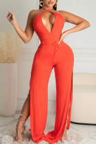 Red Sexy Solid High Opening Halter Loose Jumpsuits