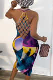 Blue Sexy Print Patchwork Spaghetti Strap Pencil Skirt Dresses