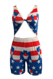 Red Blue Fashion Sexy Print Hollowed Out V Neck Skinny Romper