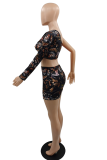 Black Sexy Print Patchwork One Shoulder Long Sleeve Two Pieces